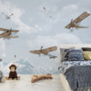 Muurschildering met blauwe lucht, witte wolken en oude vliegtuigen Vliegtuigen onder meeuwen - belangrijkste product afbeelding