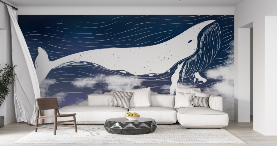 Fotobehang met maritiem motief in wit en marineblauw Witte walvis - belangrijkste productafbeelding