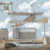Muurschildering van een oude vliegmachine tussen zachte wolken Tweedekker in mist - belangrijkste productafbeelding