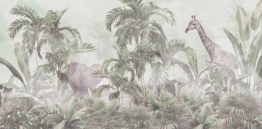 Fotobehang met olifant en giraffe verborgen in een tropisch oerwoud Wilde dieren in de mist - afbeelding nummer 2