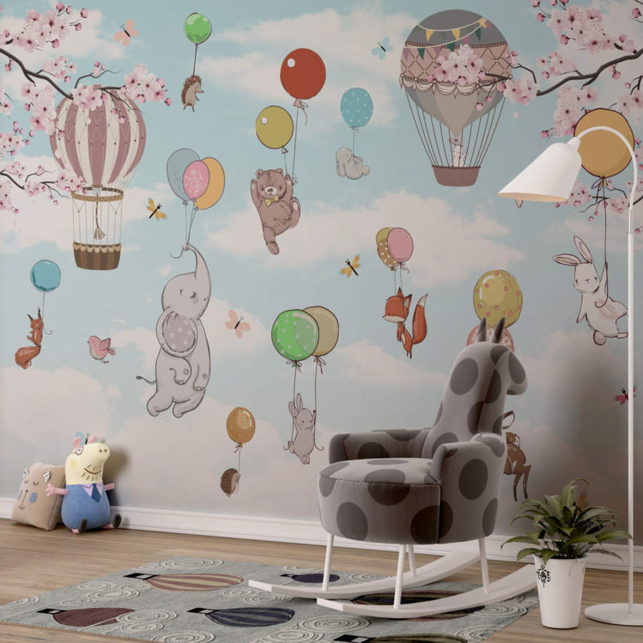 Fotobehang met kleurrijk motief van dieren, ballonnen en kersenbloesems Fruiting with Balloons voor kinderkamer - belangrijkste product afbeelding