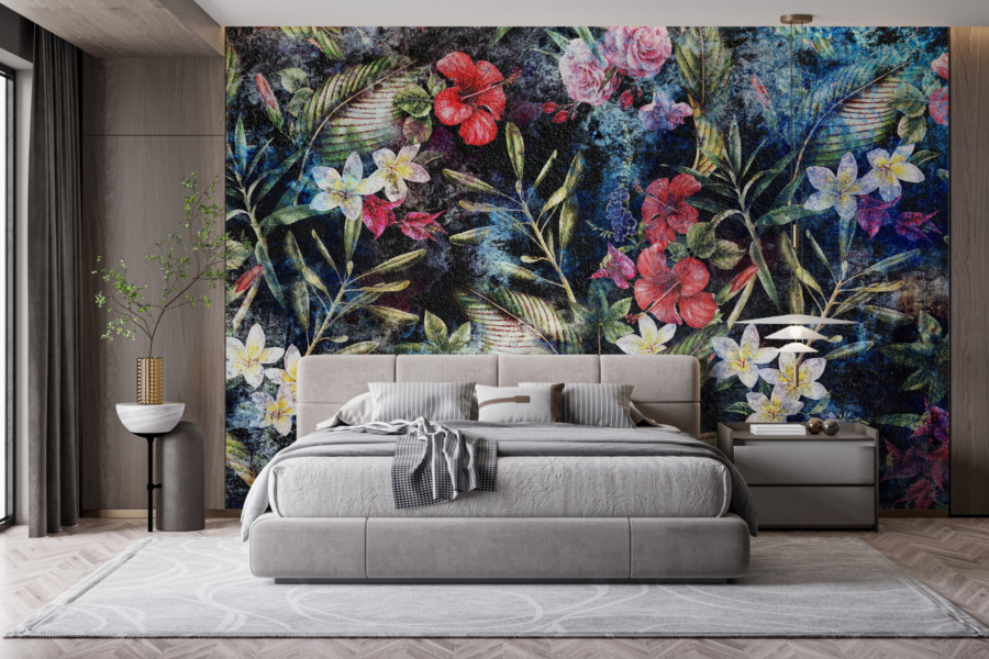 Fotobehang in boho-stijl met sterk bloemenaccent Kleurrijke bloemen op donkere achtergrond - belangrijkste productafbeelding