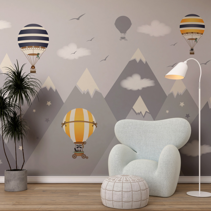 Fotobehang met moderne graphics en ballonnen Flight Over High Peaks - belangrijkste product afbeelding