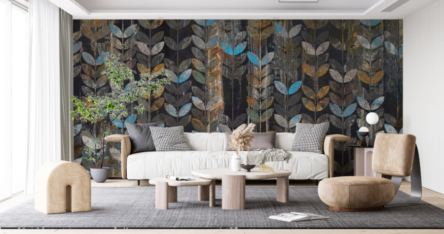 Boho stijl Fotobehang in donkere kleuren met blauwe accenten Spikes motief - belangrijkste product afbeelding