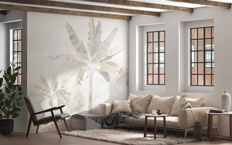 Fotobehang in witte en grijze tinten met exotisch motief Palm in White - belangrijkste product afbeelding