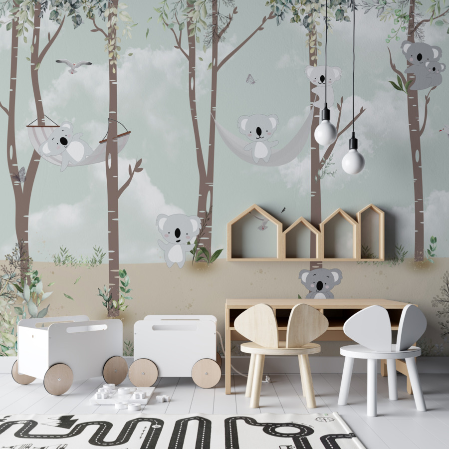 Fotobehang in gedempte kleuren met vrolijke dieren Grijze Koala Beren voor kinderkamer - belangrijkste product afbeelding