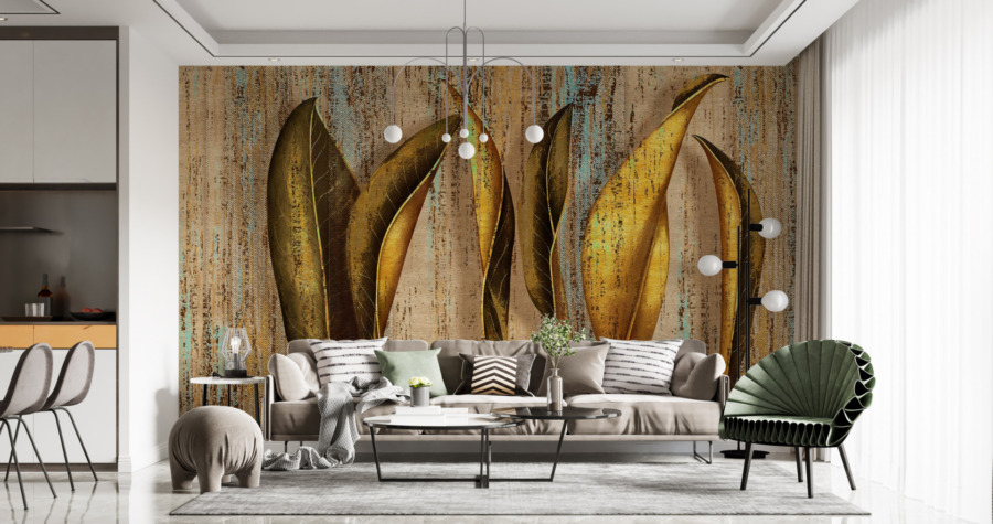 Fotobehang met elegant bloemmotief in warm goud Dance of the Golden Leaves - belangrijkste product afbeelding