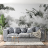 Wandschildering in Scandinavische stijl met tropisch oerwoud in grijstinten Tops of Palms Behind the Mist - belangrijkste productafbeelding