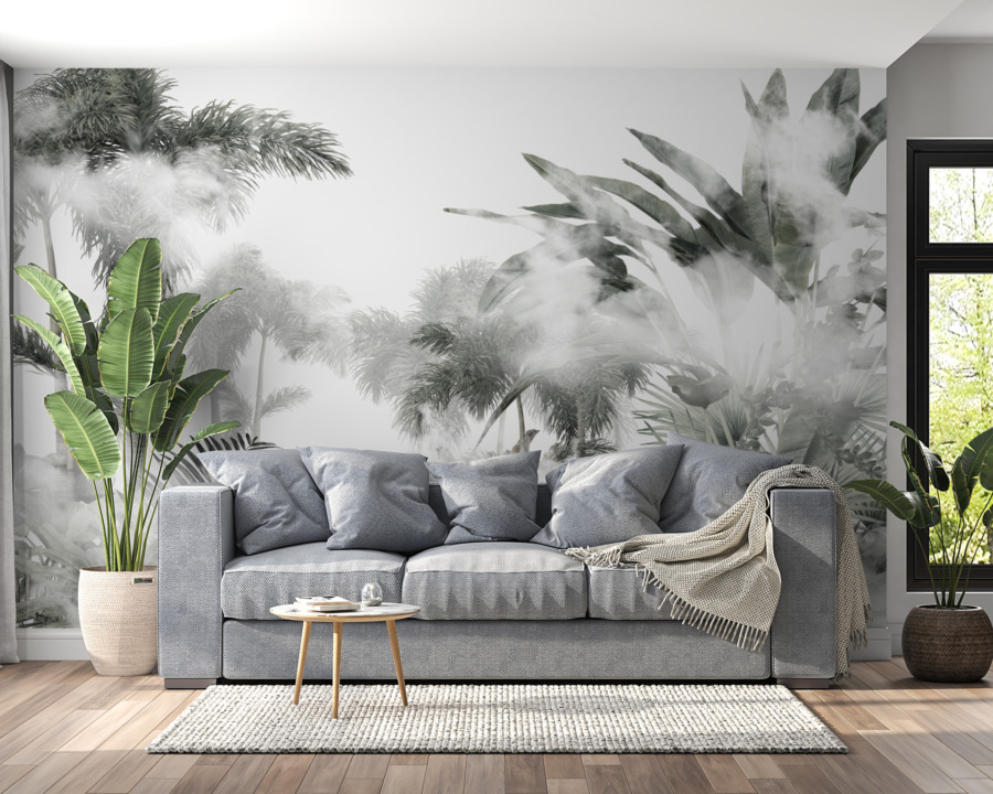 Wandschildering in Scandinavische stijl met tropisch oerwoud in grijstinten Tops of Palms Behind the Mist - belangrijkste productafbeelding