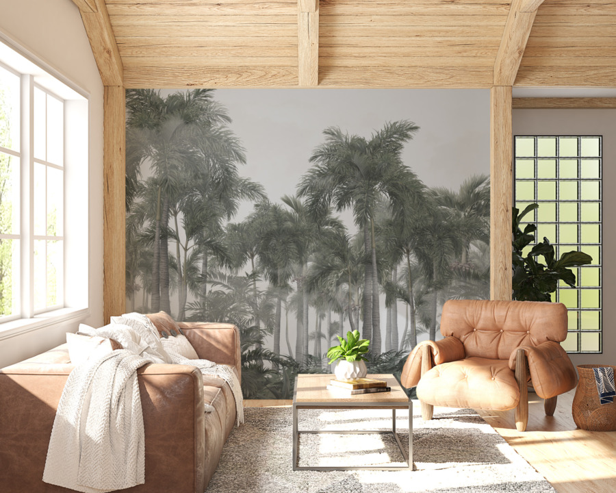 Fotobehang met exotisch motief in donkere tinten Tall Palms Without Colour - afbeelding hoofdproduct