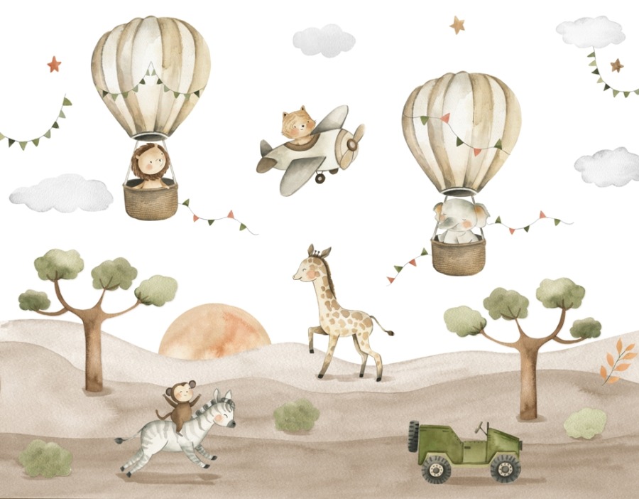 Fotobehang in zachte bruintinten met wilde dieren Ballonnen over Afrika - afbeelding nummer 2