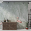 Fotobehang met exotisch motief in wit, grijs en roze Flamingo's op een witte weide - belangrijkste productafbeelding