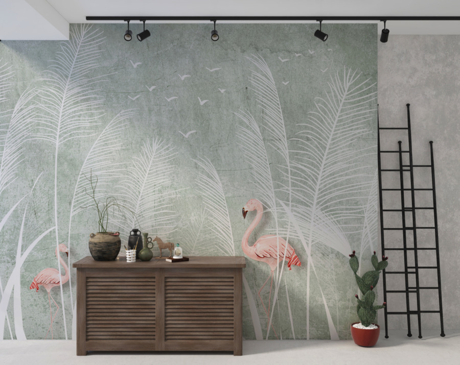 Fotobehang met exotisch motief in wit, grijs en roze Flamingo's op een witte weide - belangrijkste productafbeelding