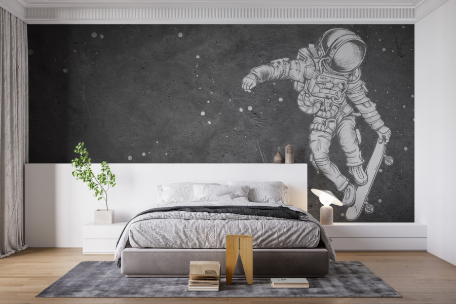 Fotobehang met ruimtethema in donkere tinten Cosmonaut Among the Stars - belangrijkste productafbeelding