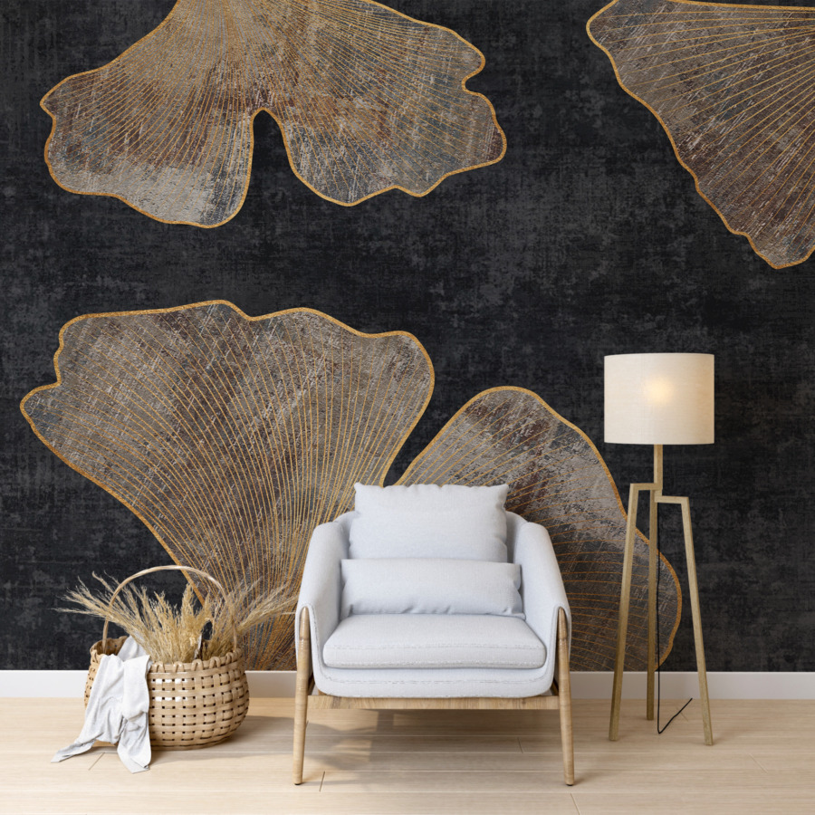 Fotobehang in donkere tinten met elegant Ginkgo-bladerenmotief - belangrijkste productafbeelding