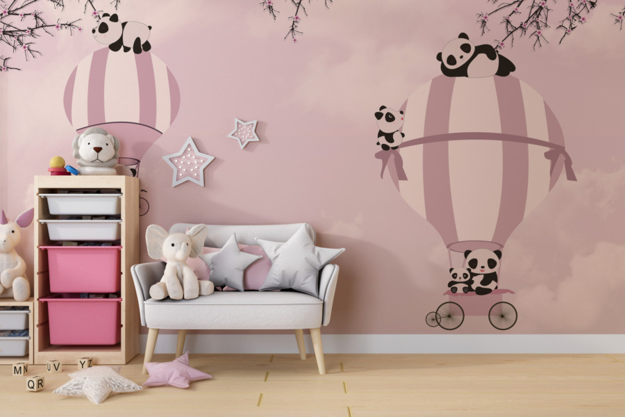 Fotobehang in warme kleuren voor kinderkamer Panda On Pink Sky - belangrijkste product afbeelding