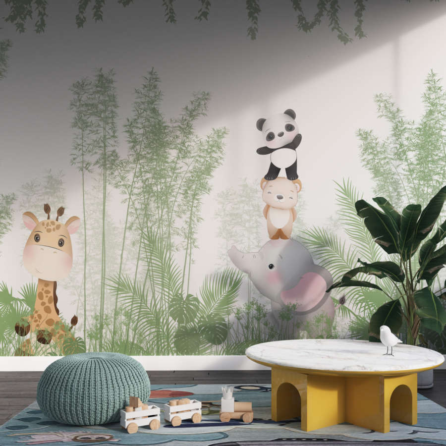 Fotobehang met vrolijke dieren in een groene jungle Tropische toren voor kinderkamer - belangrijkste product afbeelding