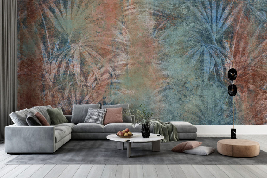 Fotobehang in warme kleuren met exotisch motief Outlines of Tropical Palms - belangrijkste productafbeelding