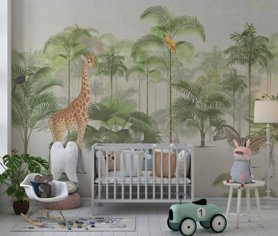 Fotobehang met exotische jungledieren in vrolijke kleuren Giraffe in Green - belangrijkste productafbeelding