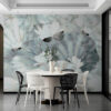 Abstracte Fotobehang met blauwe bladeren en witte bloemen Wit Nenufar - belangrijkste product afbeelding