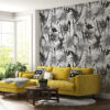 Wandschildering met plantenmotief in donkere kleuren voor een moderne woonkamer Zwarte bloeiende bloemen - belangrijkste productafbeelding