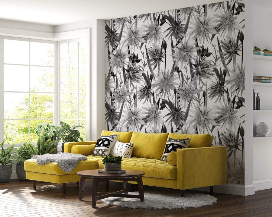 Wandschildering met plantenmotief in donkere kleuren voor een moderne woonkamer Zwarte bloeiende bloemen - belangrijkste productafbeelding