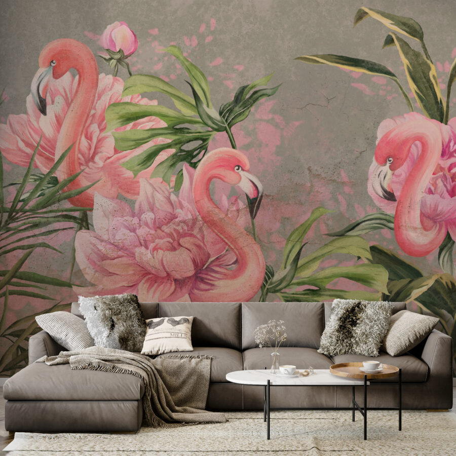 Tropische flora en fauna Flamingo's als bloemen Fotobehang - belangrijkste product afbeelding