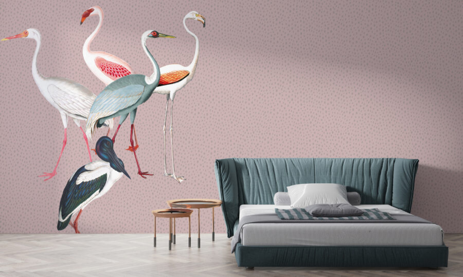 Fotobehang met exotisch gekleurde vogels op een niet-uniforme achtergrond Flamingo's in Stippen - belangrijkste productafbeelding