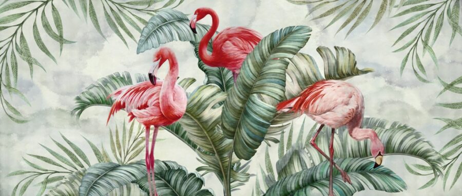 Fotobehang in exotische kleuren Flamingo's in Green - afbeelding nummer 2