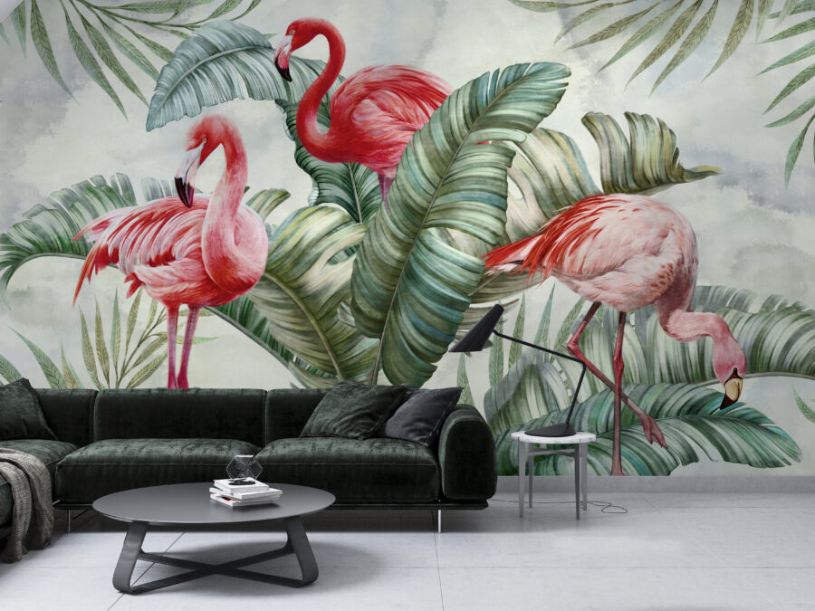 Fotobehang in exotische kleuren Flamingo's in Green - afbeelding hoofdproduct