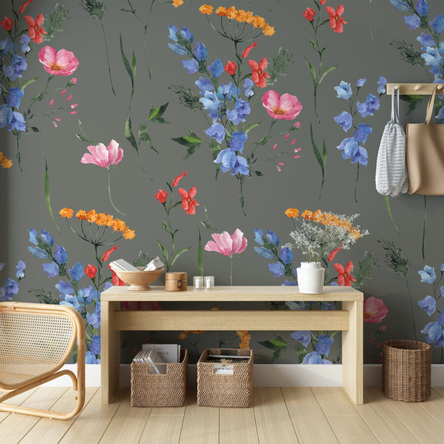 Fotobehang op grijze achtergrond met levendige kleuren van bloemen in moderne stijl Veldbloemen motief - belangrijkste product afbeelding