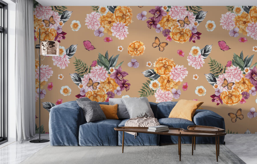 Kleurrijke vrolijke bloemen en vlinders Fotobehang - belangrijkste product afbeelding