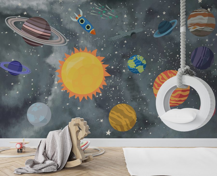 Fotobehang met planeten in vrolijke kleuren voor kinderen Colourful Cosmos - belangrijkste product afbeelding