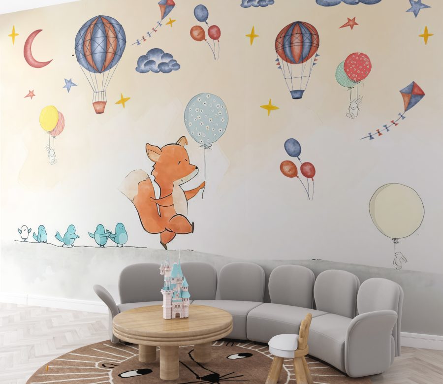 Fotobehang in vrolijke kleuren met dieren en ballonnen voor kinderkamer Vos met ballon - belangrijkste product afbeelding