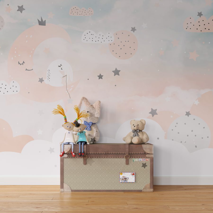 Fotobehang in zachte kleuren met overwegend roze en blauw Roze maan voor kinderkamer - afbeelding hoofdproduct