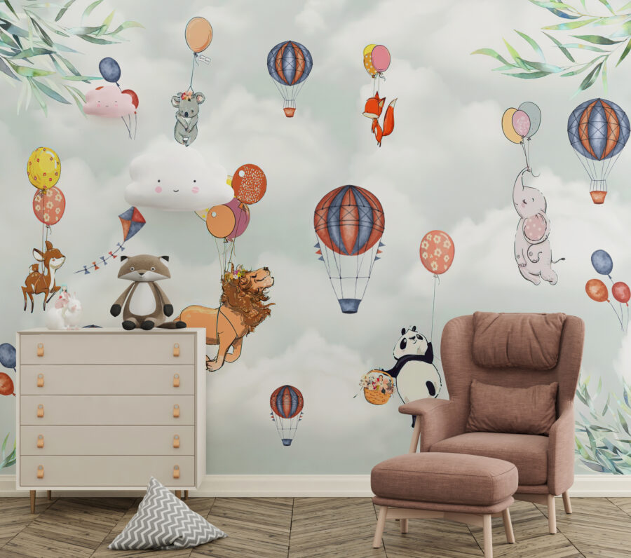 Fotobehang met dieren vliegend in de wolken Ballonnenregen - belangrijkste product afbeelding