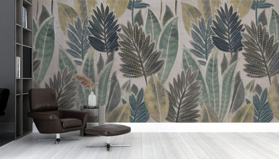 Fotobehang met plantenmotief in donkere tinten Painted Leaves - belangrijkste productafbeelding