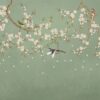 Fotobehang in elegante groentinten met Aziatisch motief Vogels in kersenbloesems - afbeelding nummer 2