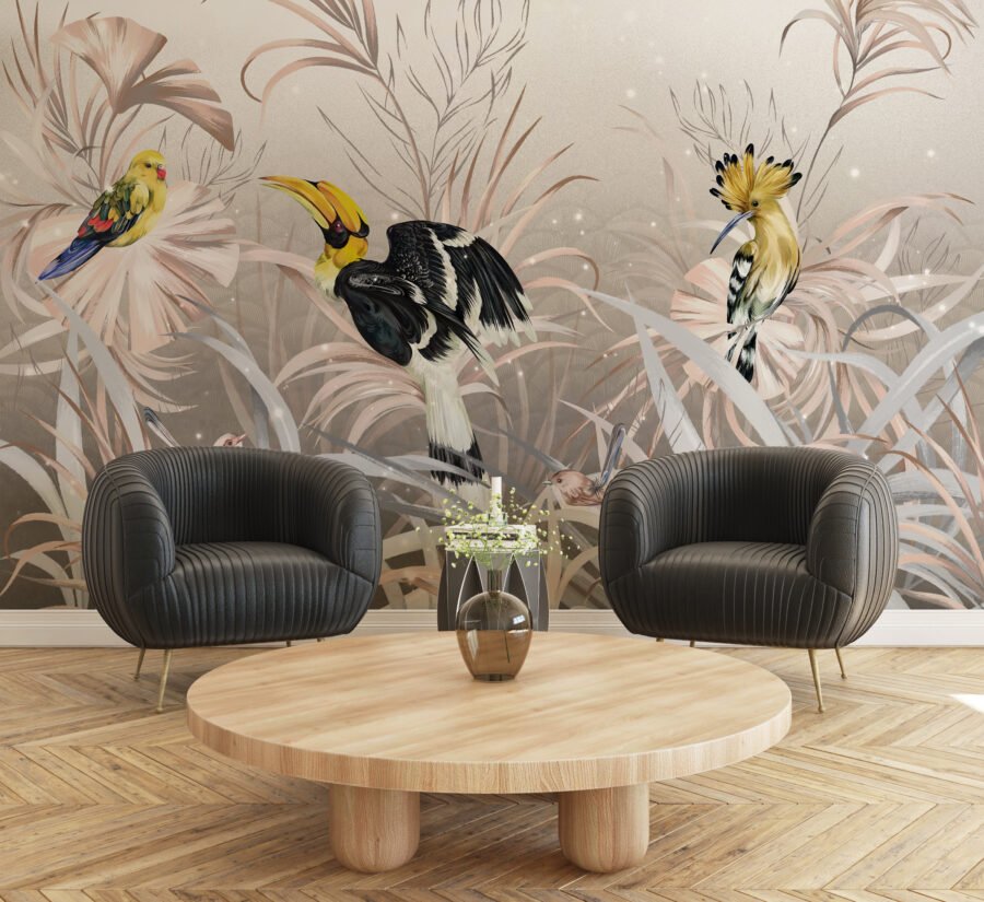 3D Fotobehang met exotisch motief Yellow Birds - belangrijkste product afbeelding