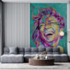 Fotobehang met een portret van een lachend meisjesgezicht in sterke neonkleuren Gekleurd meisje - belangrijkste productafbeelding