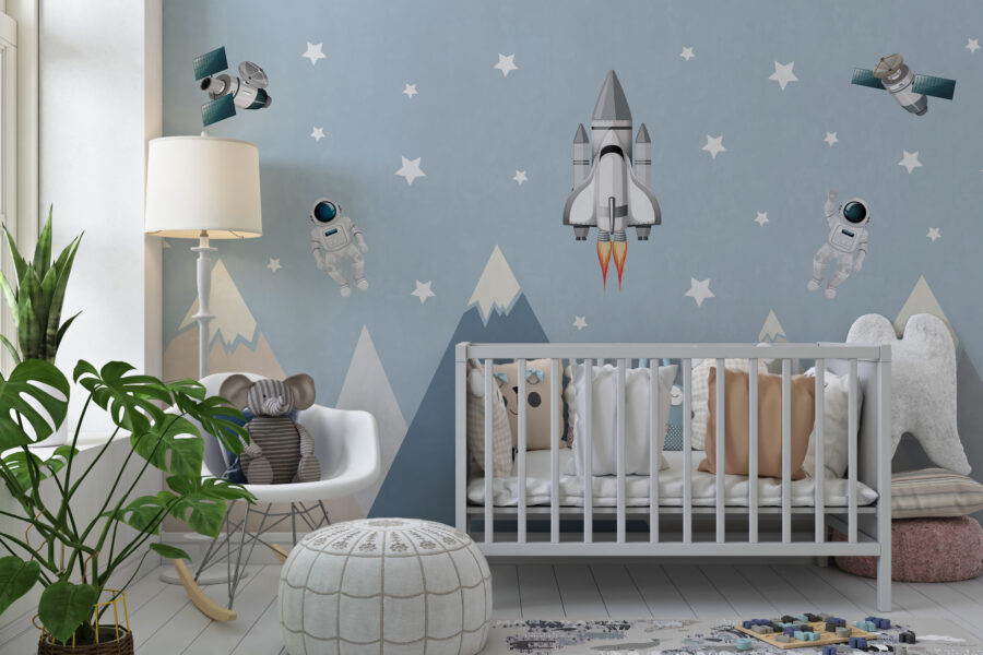 Kinderkamer Fotobehang met ruimteraket in vlucht tegen de hemel Cosmic Mountains - belangrijkste product afbeelding