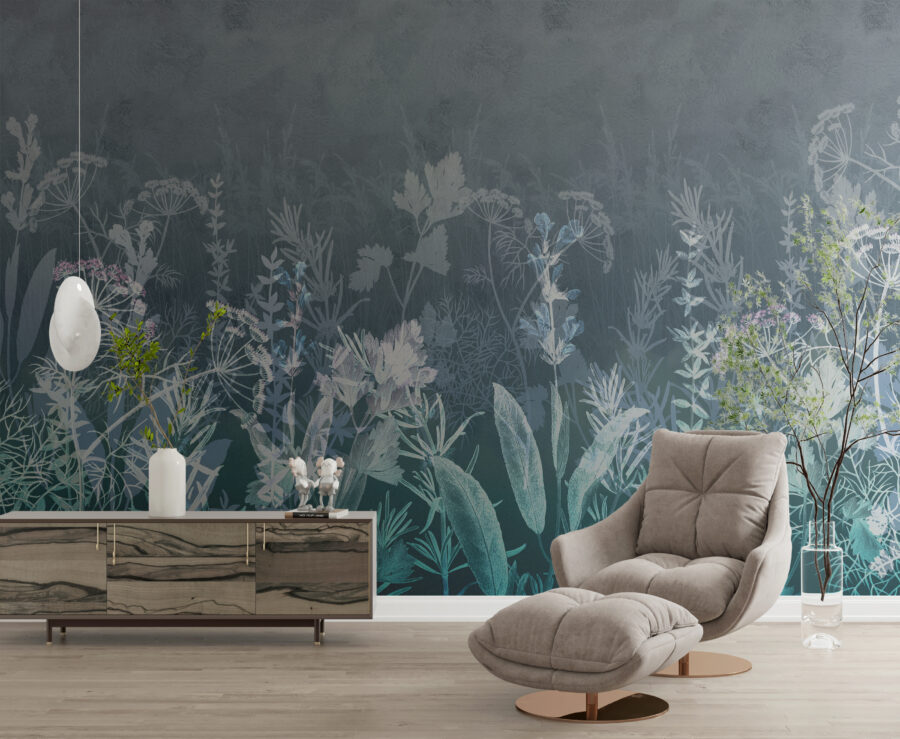 Plantmotief Fotobehang in donker marineblauw Meadow in 3D - belangrijkste productafbeelding