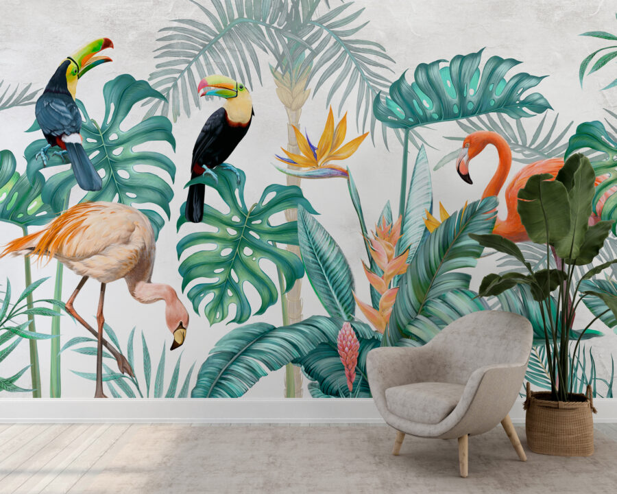 Fotobehang met exotische vogels in de jungle, kleurrijk en modern visualisatie Jungle Birds - belangrijkste product afbeelding