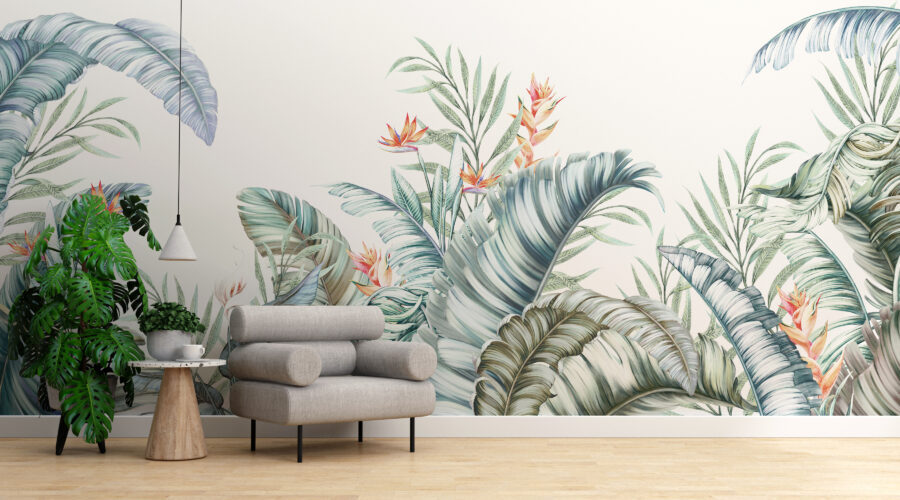 Fotobehang met exotische flora in zachte kleuren op een lichte achtergrond, ideaal voor moderne kamers Plant Graphics - afbeelding hoofdproduct