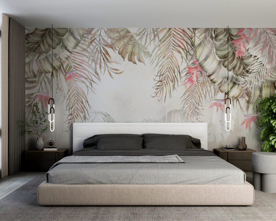 Fotobehang met tropische flora in gedekte tinten met roze accenten Pink Leaves - belangrijkste productafbeelding