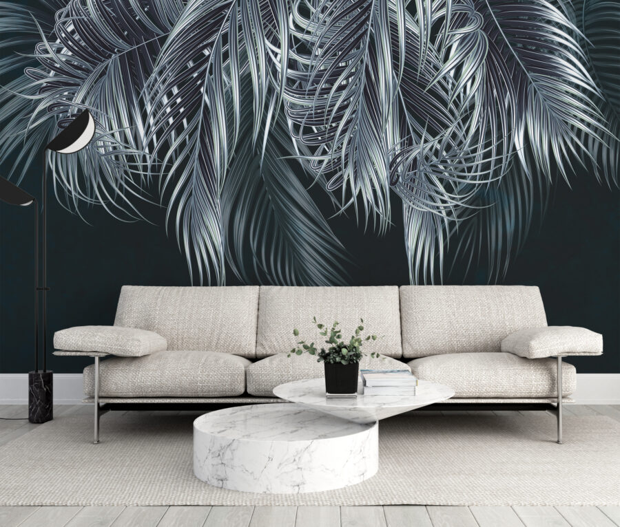 3D-Fotobehang met palmbladmotief in zilver- en zwarttinten Silver Palm - belangrijkste productafbeelding