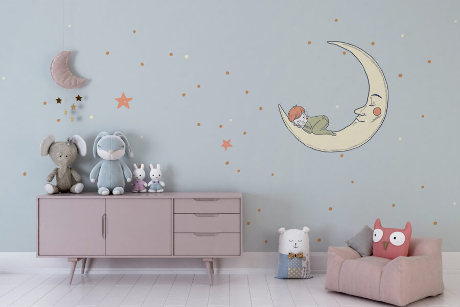 Fotobehang met hemelmotief, ideaal voor een kleine jongenskamer in gedekte kleuren Boy Sleeping on the Moon - belangrijkste productafbeelding