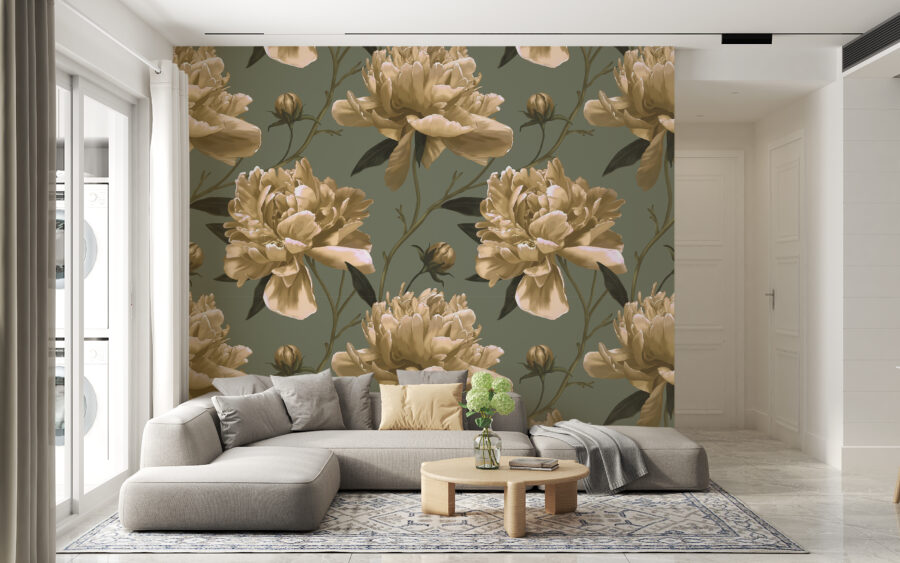 3D Fotobehang met bloemmotief in moderne grafische Bright Peonies - belangrijkste product afbeelding