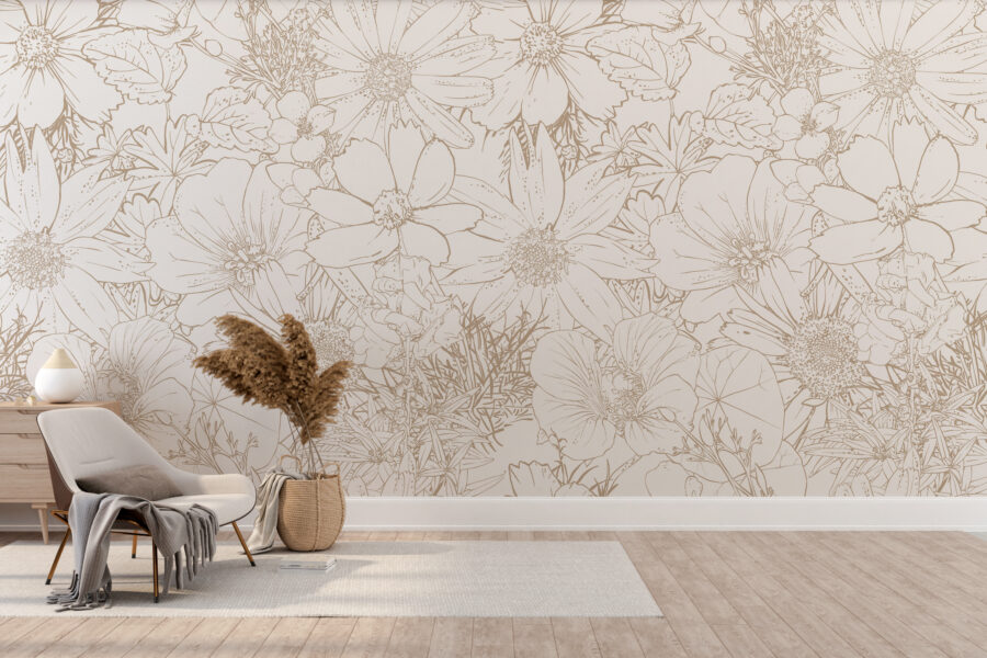 Klassiek motiefbehang in warme beige kleuren Outlines of Flowers - belangrijkste productafbeelding