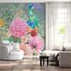 Fotobehang in levendige kleuren met duidelijk bloemmotief en elegante pauwvogel in bloemen - belangrijkste productafbeelding